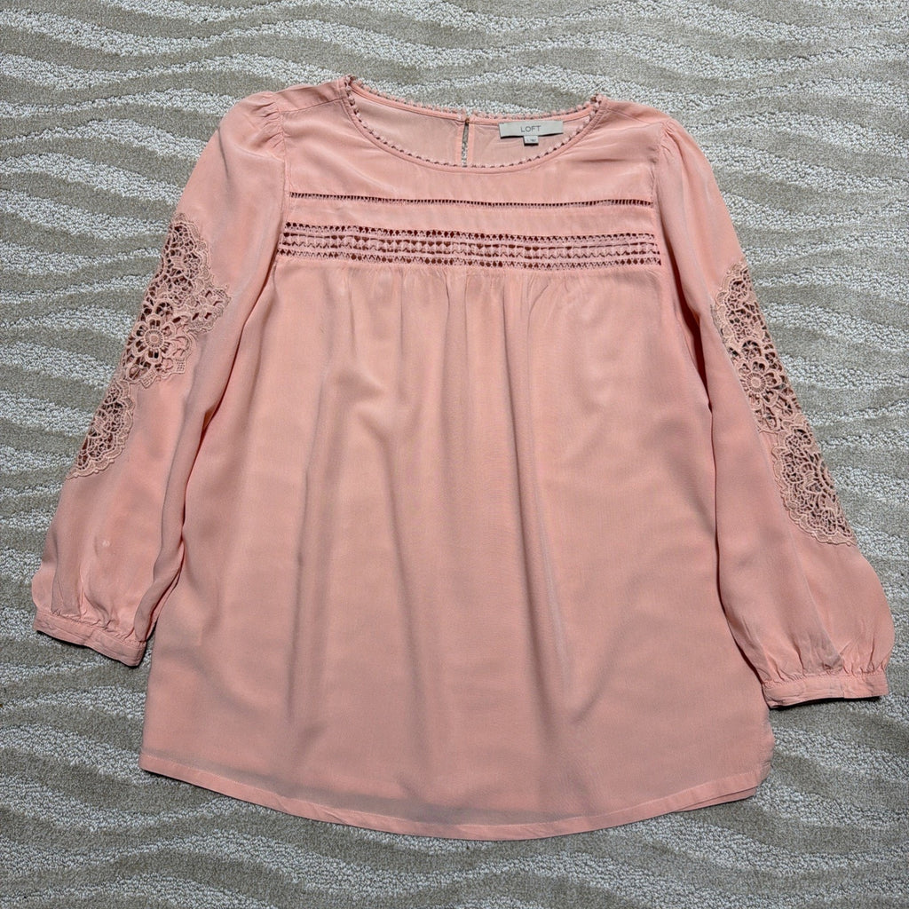 LOFT Peach Boho Lace Inset Top Blouse Large