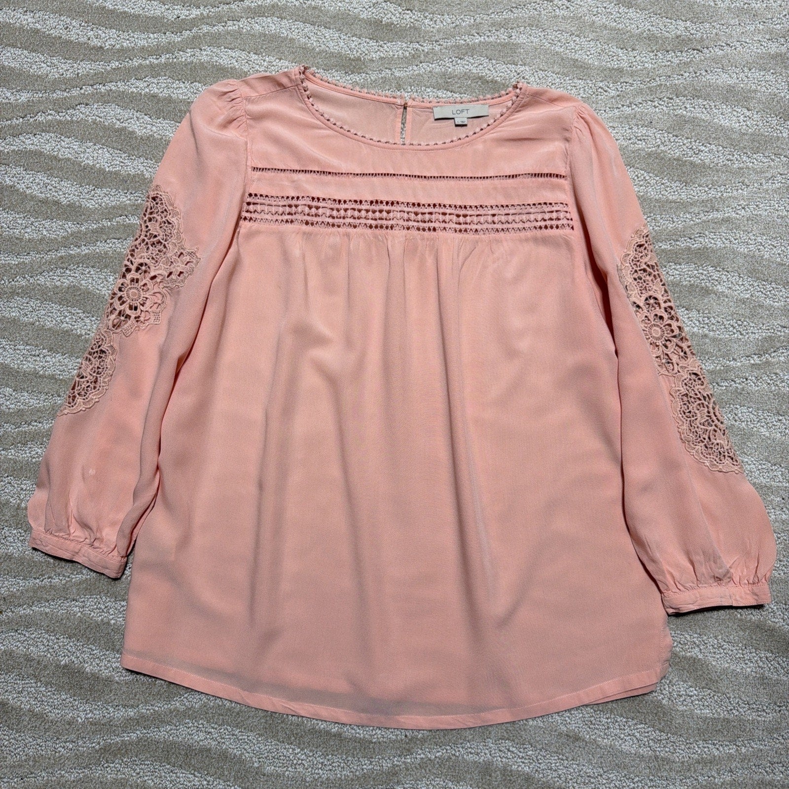 LOFT Peach Boho Lace Inset Top Blouse Large