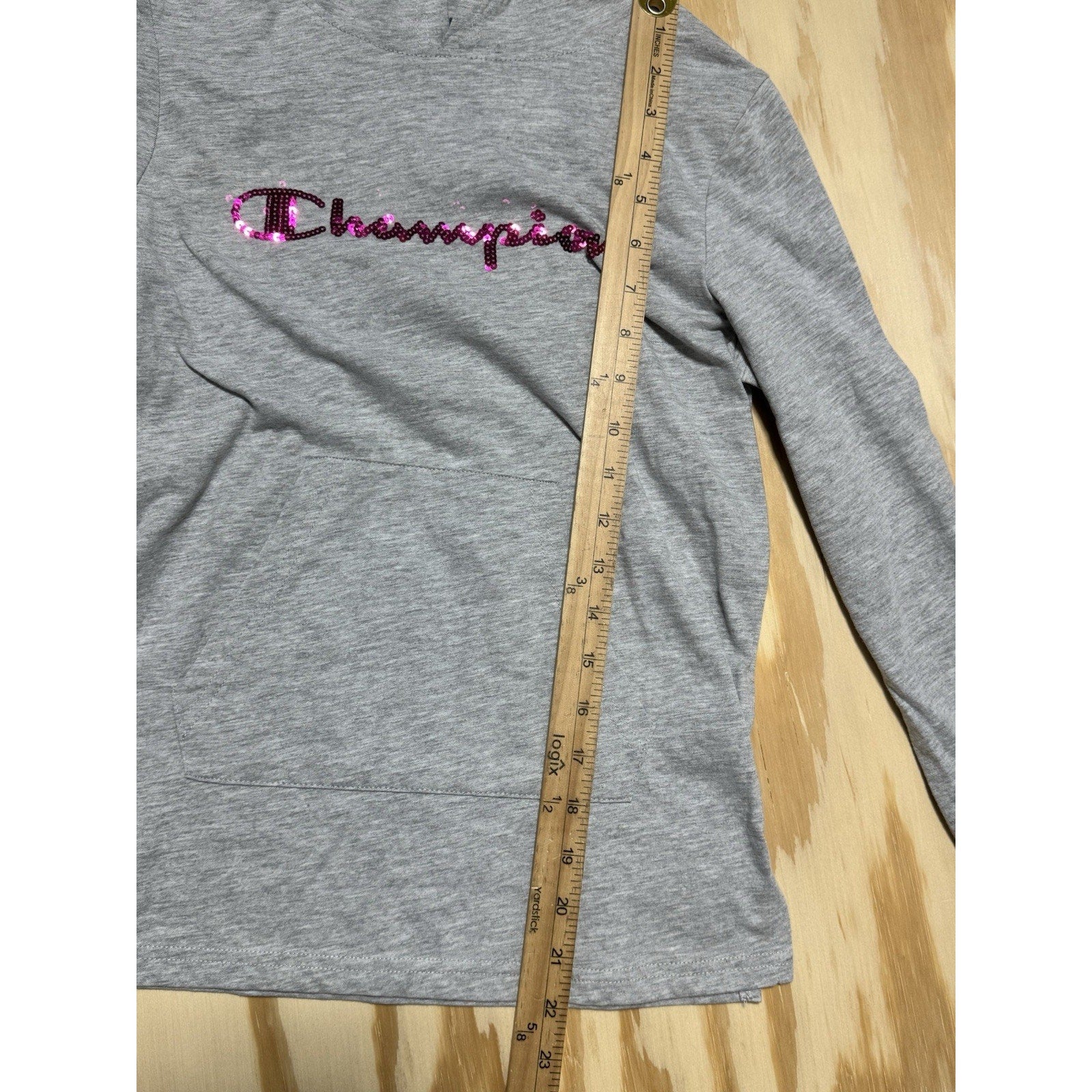 Champion Girls Hoodie Large Gray Pink SEQUIN Script Logo Pullover Youth L 10/12