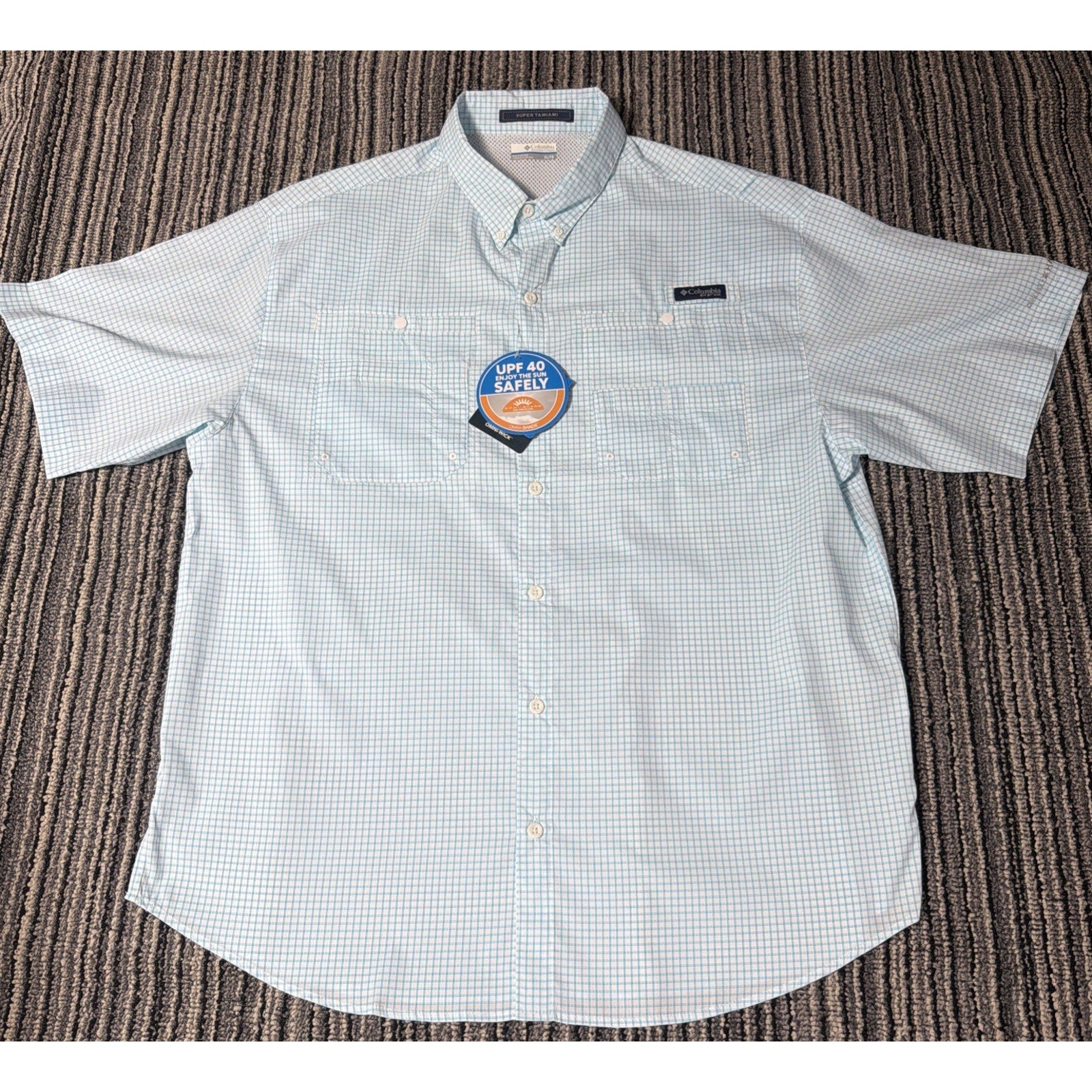 Columbia Mens XL PFG Super Tamiami S. Sleeve White Blue Plaid Button Shirt NWT