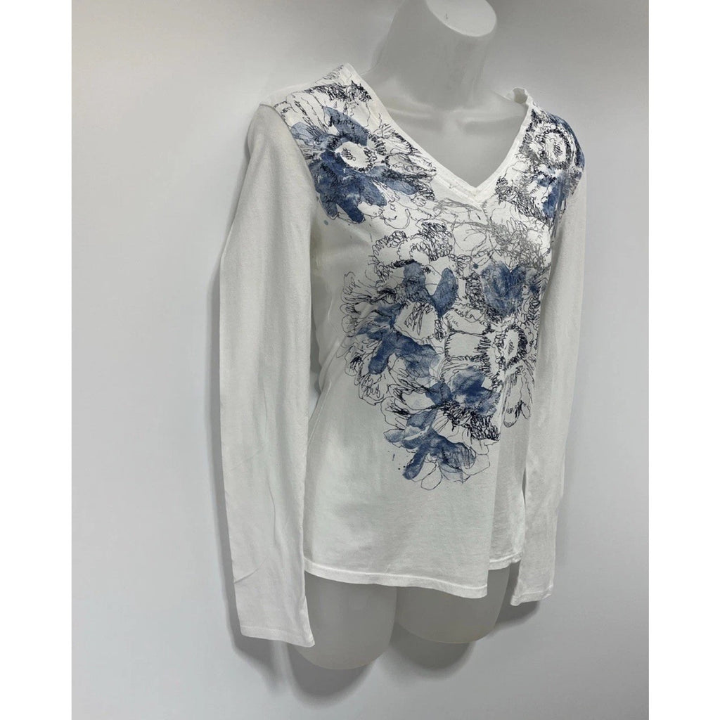 Calvin Klein Women’s White Blue Floral Long Sleeve Pullover Shirt Top V Neck S