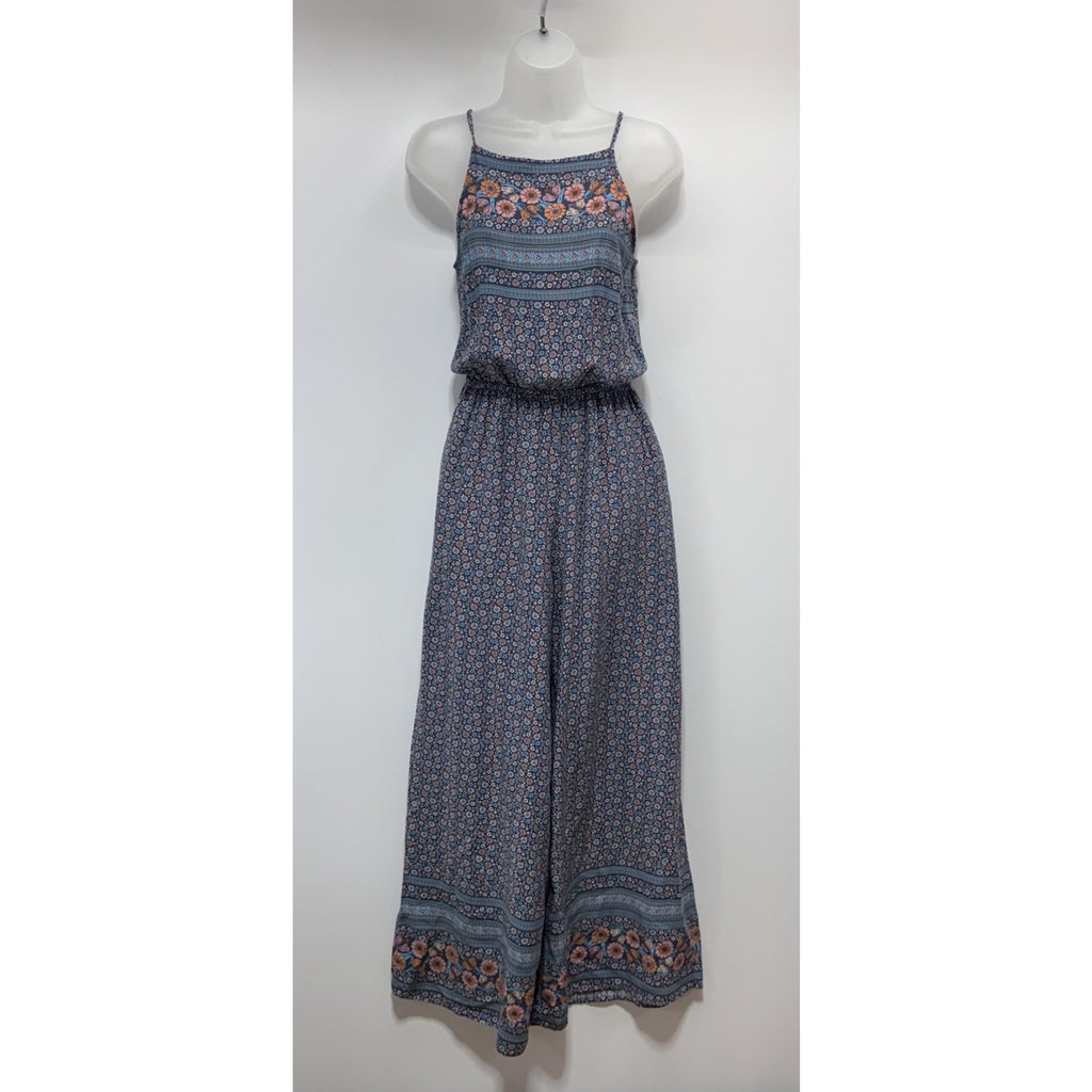 Easel Jumpsuit Womens M Green Blue Floral Wide Leg Sleeveless Boho Ruffle Hem