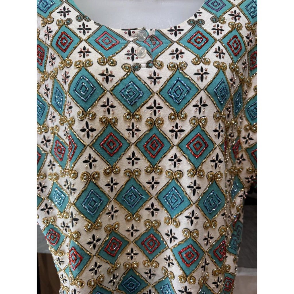 Lisa Ashley Woman's Blouse Top Blue Beaded Short Sleeve Round Neck