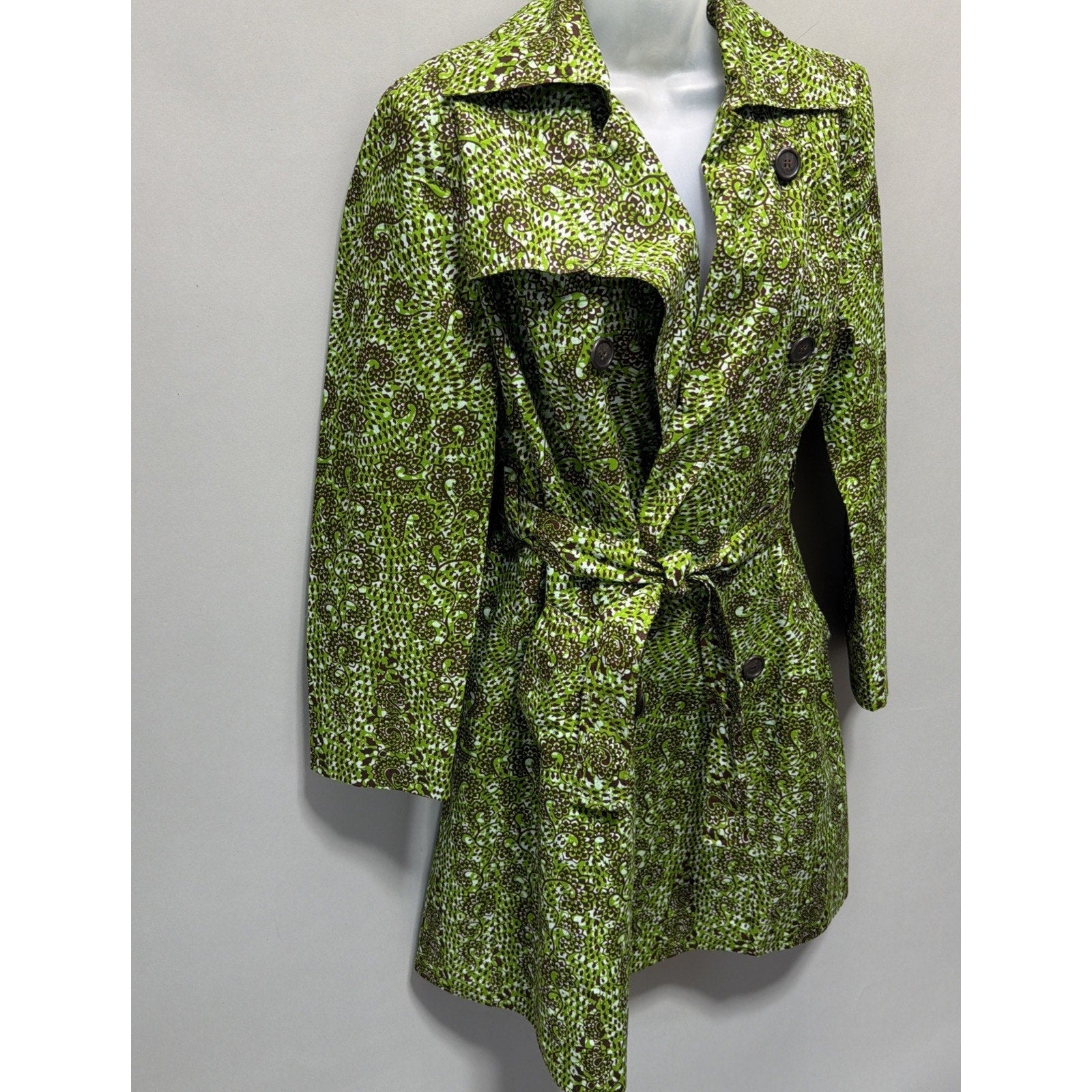 Ayindisa Ginatu Exclusive Women’s Trench Coat Jacket Size 12 Green African Print