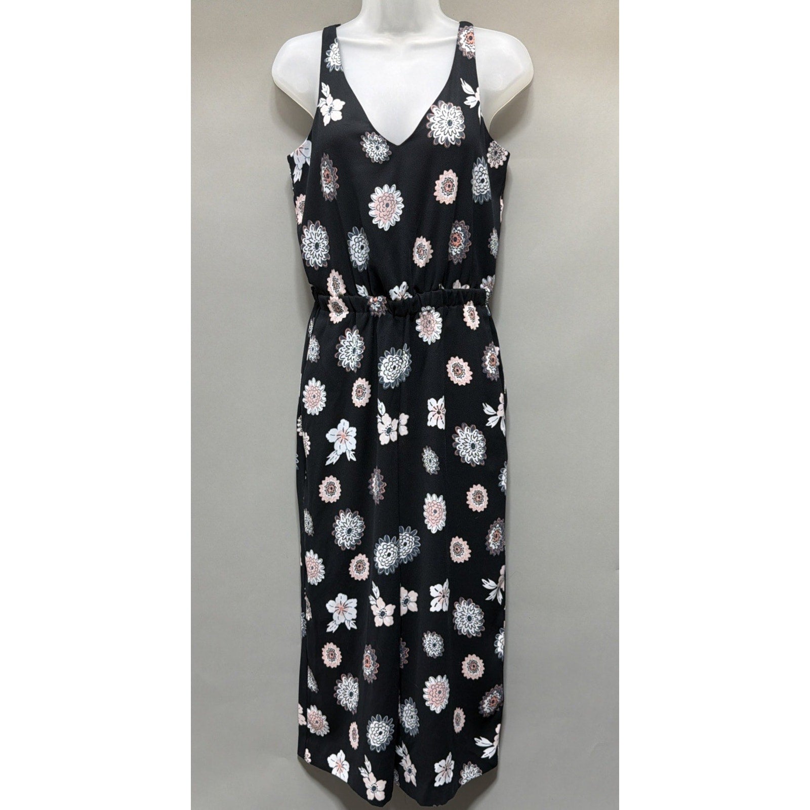 Ann Taylor Loft Black Floral Sleeveless Romper Jumpsuit Pockets Sz S Petite