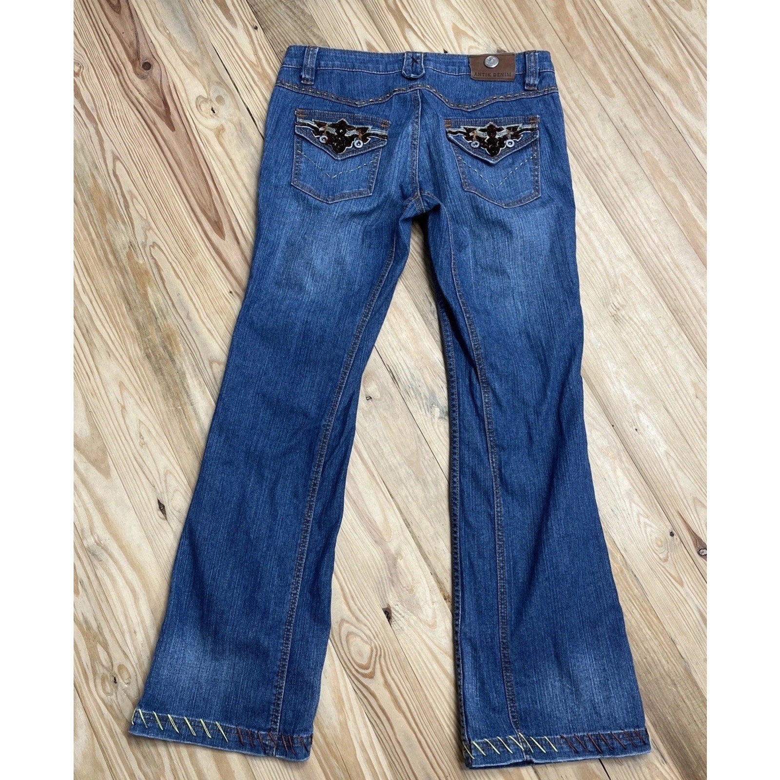 Antik Denim Women size 30 Distressed Bell Bottom Blue Jeans Stitching Southwest