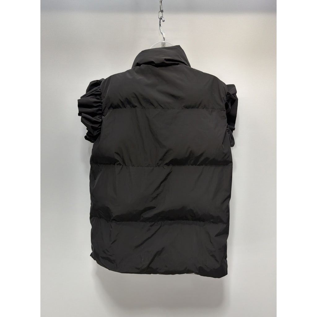 Bucket List Down Black Ruffle Sleeve Puffer Vest Collared Sleeveless Jacket L