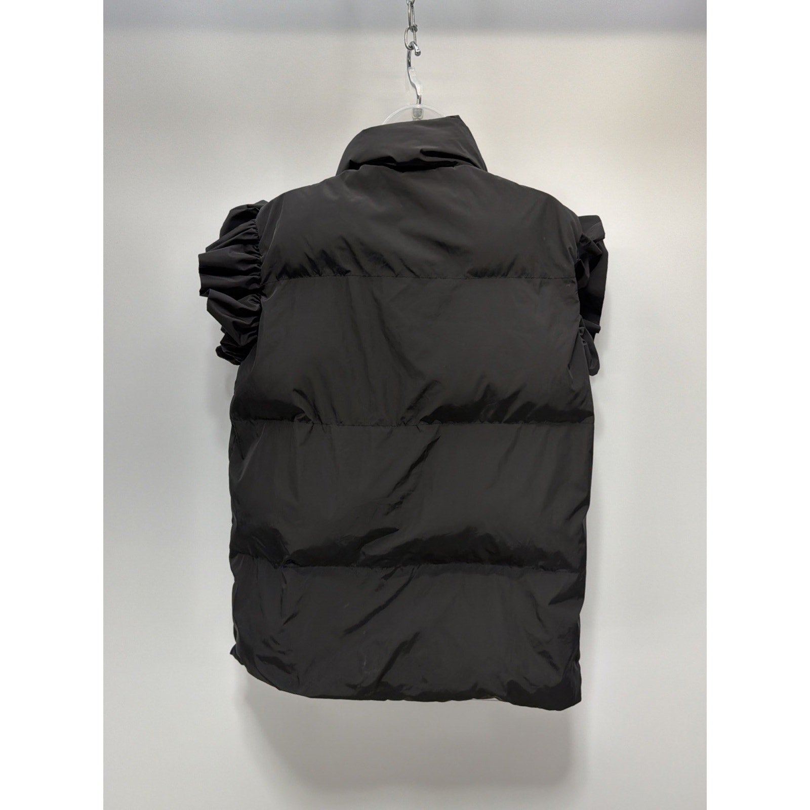 Bucket List Down Black Ruffle Sleeve Puffer Vest Collared Sleeveless Jacket L