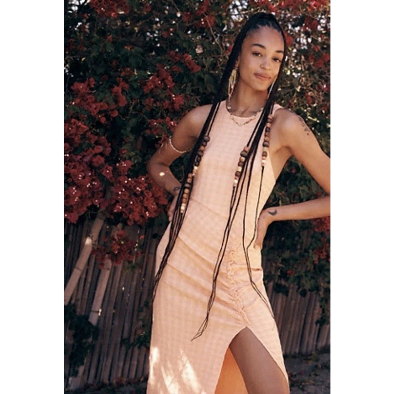 FREE PEOPLE Kokomo Peach Midi Tank Dress Ruched Side Slit Cotton Blend Size Med