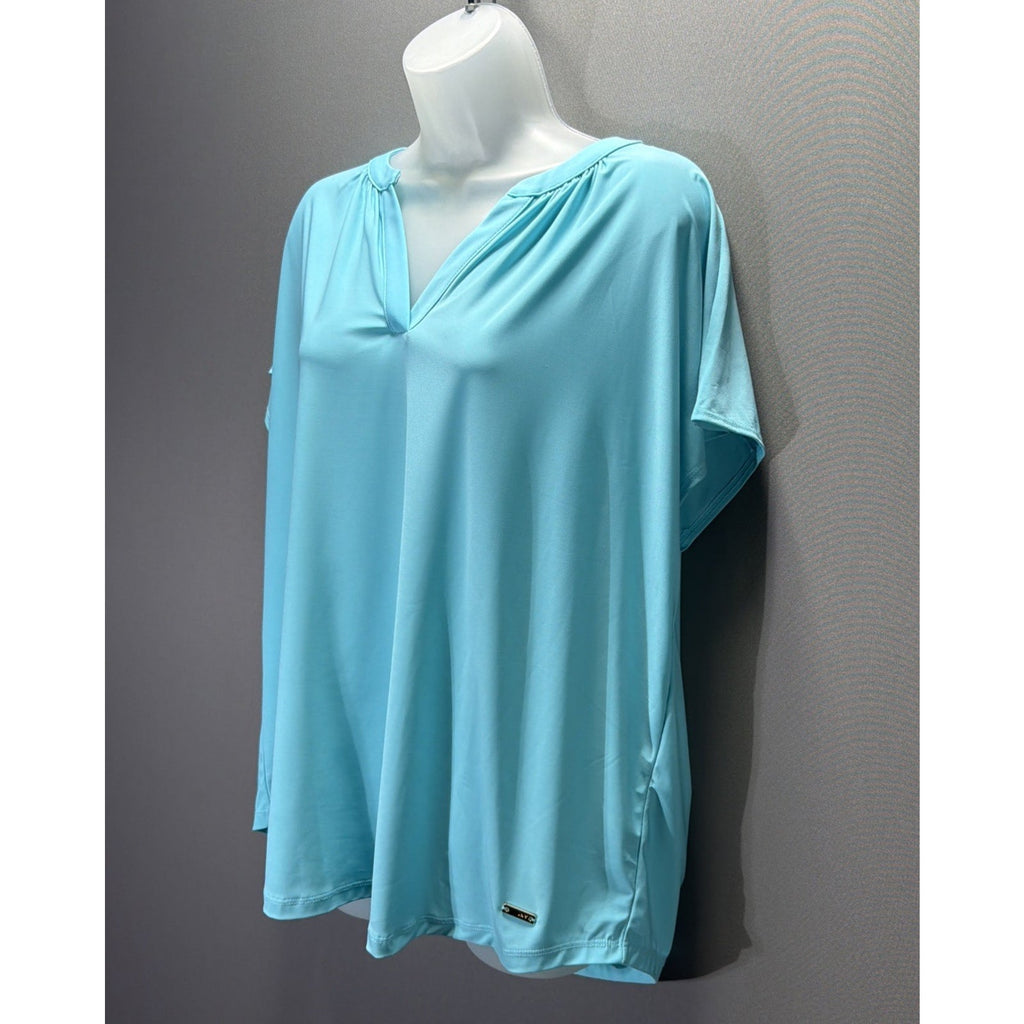 Jones New York Women Top Plus Size 1X Aqua Short Sleeve V Neck Blouse NWT
