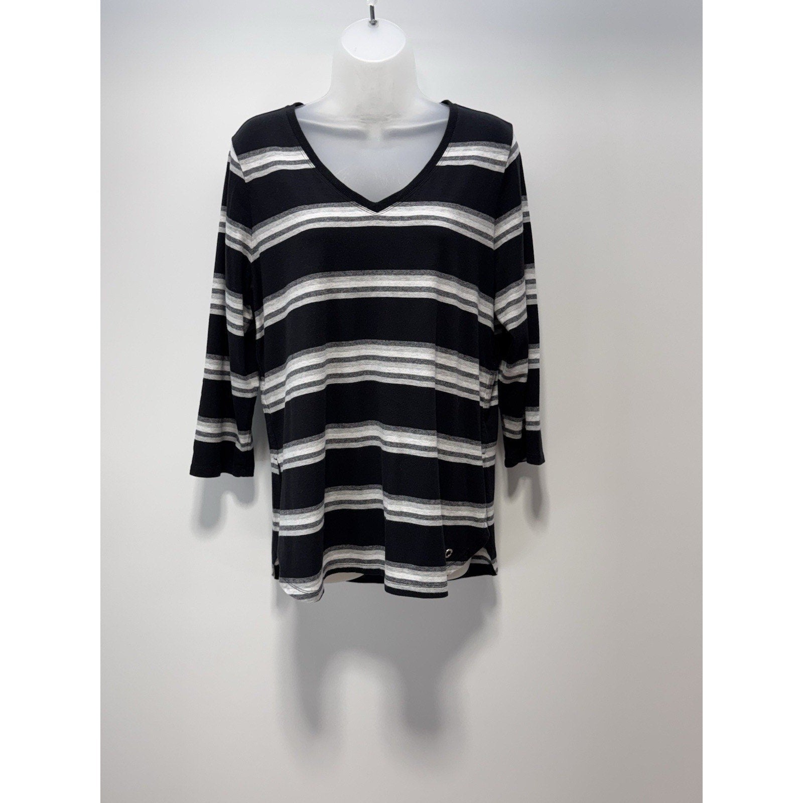 Calvin Klein Performance Long Sleeve Black Gray White Striped V-Neck Tee Size L