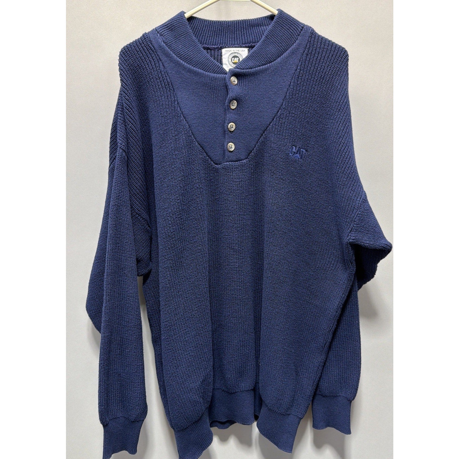 Vinatge Caterpillar Equipment Blue Henley Knit Sweater Size XXL Made In USA