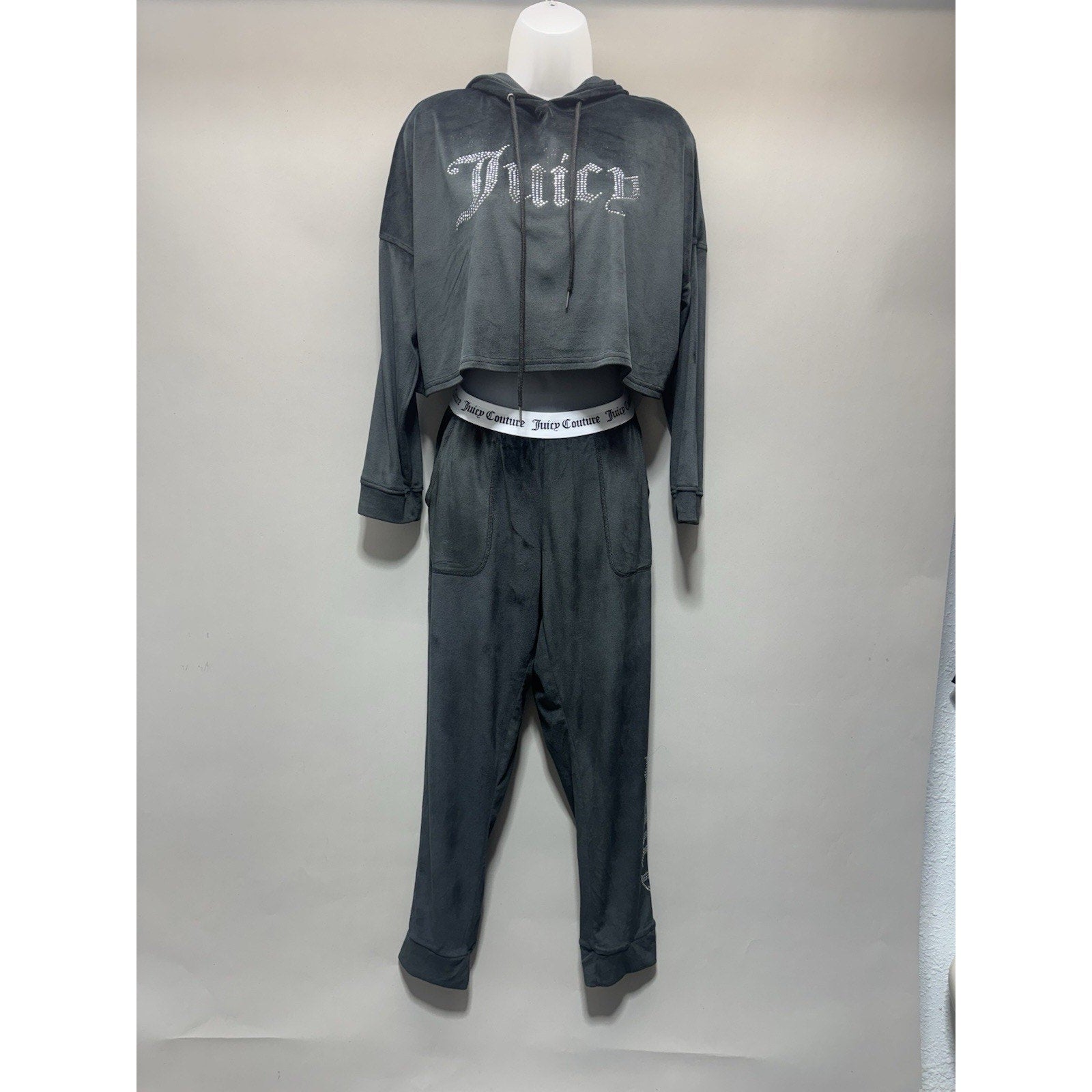 Velour Tracksuit Set Womens M Cropped Hoodie Joggers Rhinestone Logo Y2K Black