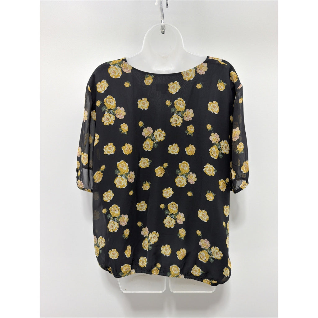 Loft Size XL Top Floral Print Drapey V-Neck Black Lined Blouse Button Front