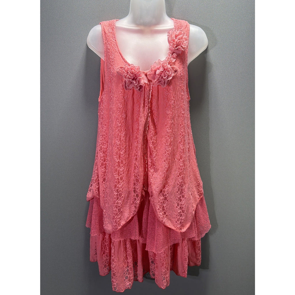 Pretty Angel Tiered Silk Mini Dress Flower Embellishment Size M Stretch Flowy
