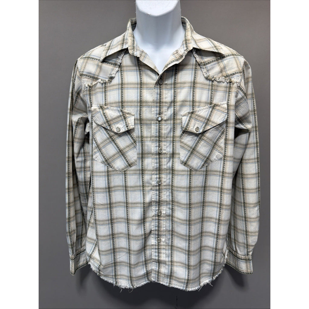BKE 67 Shirt Mens Large Ivory Blue Plaid Long Sleeve Pearl Snap Western Rodeo