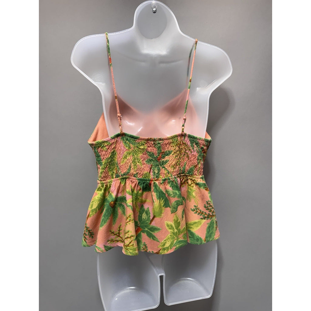 Tropical Peplum Cami Top Women’s XL Pink Green Button Front Rayon Linen Boho
