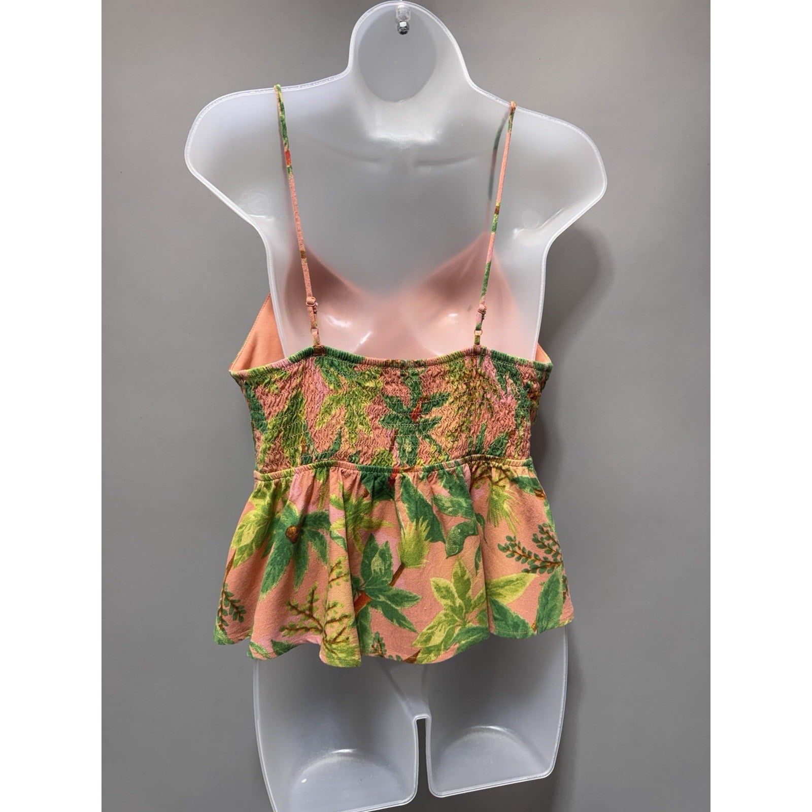 Tropical Peplum Cami Top Women’s XL Pink Green Button Front Rayon Linen Boho