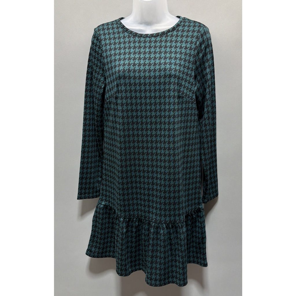 Women’s Loft Teal & Black Houndstooth Flounce Swing Dress, Size Small