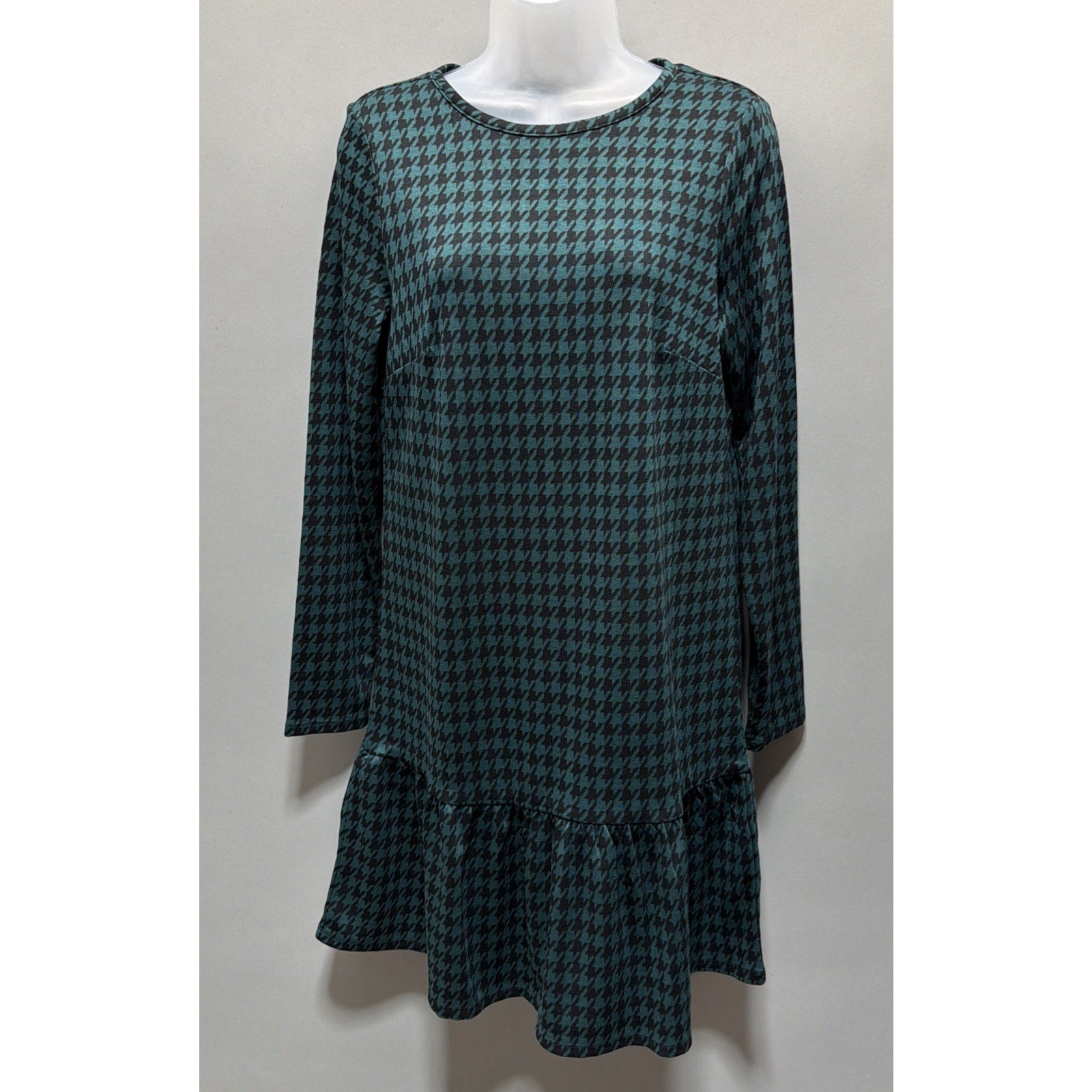 Women’s Loft Teal & Black Houndstooth Flounce Swing Dress, Size Small