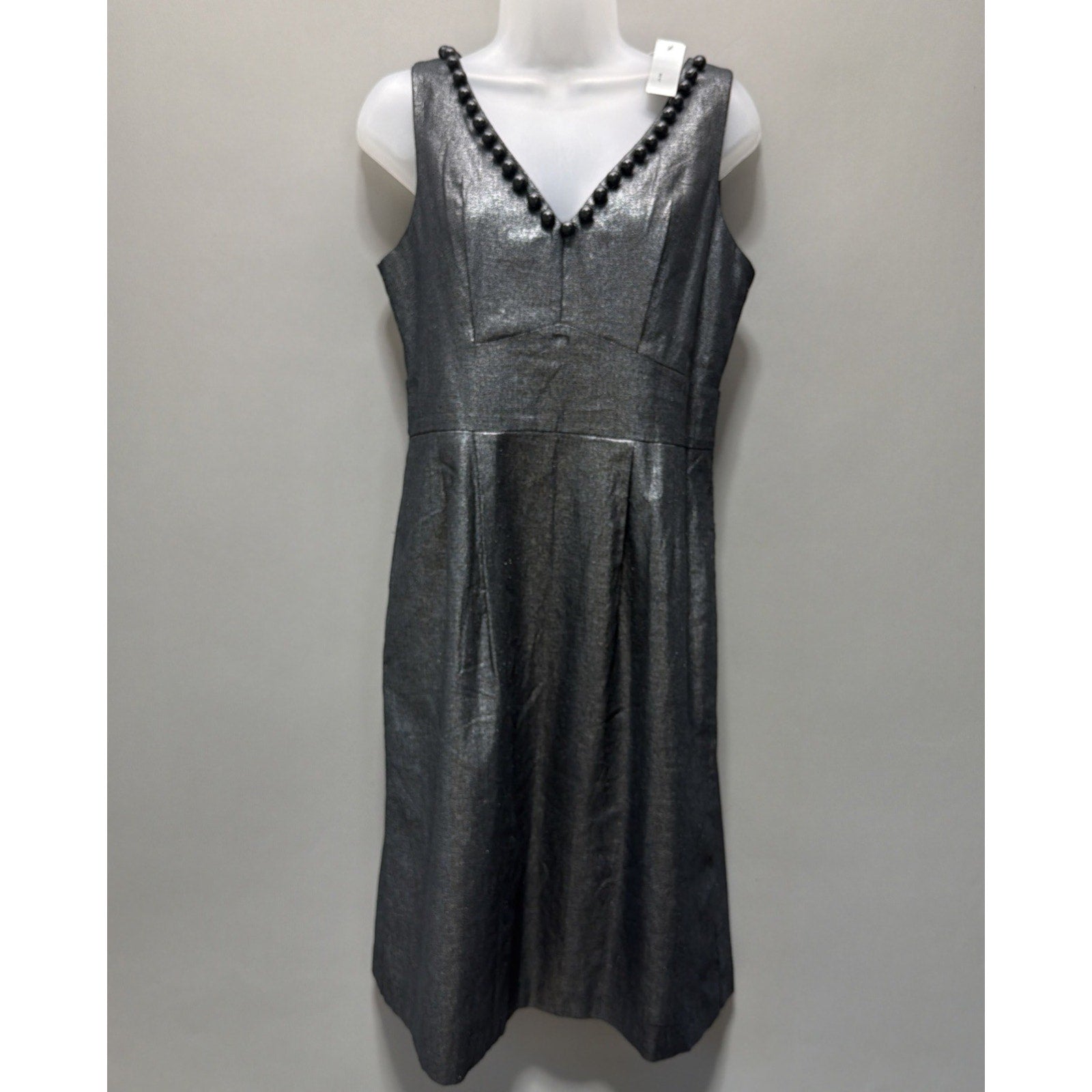 WDNY Dress 6 Black Linen Blend Beaded Metallic Sheath Knee Length Sleeveless NWT