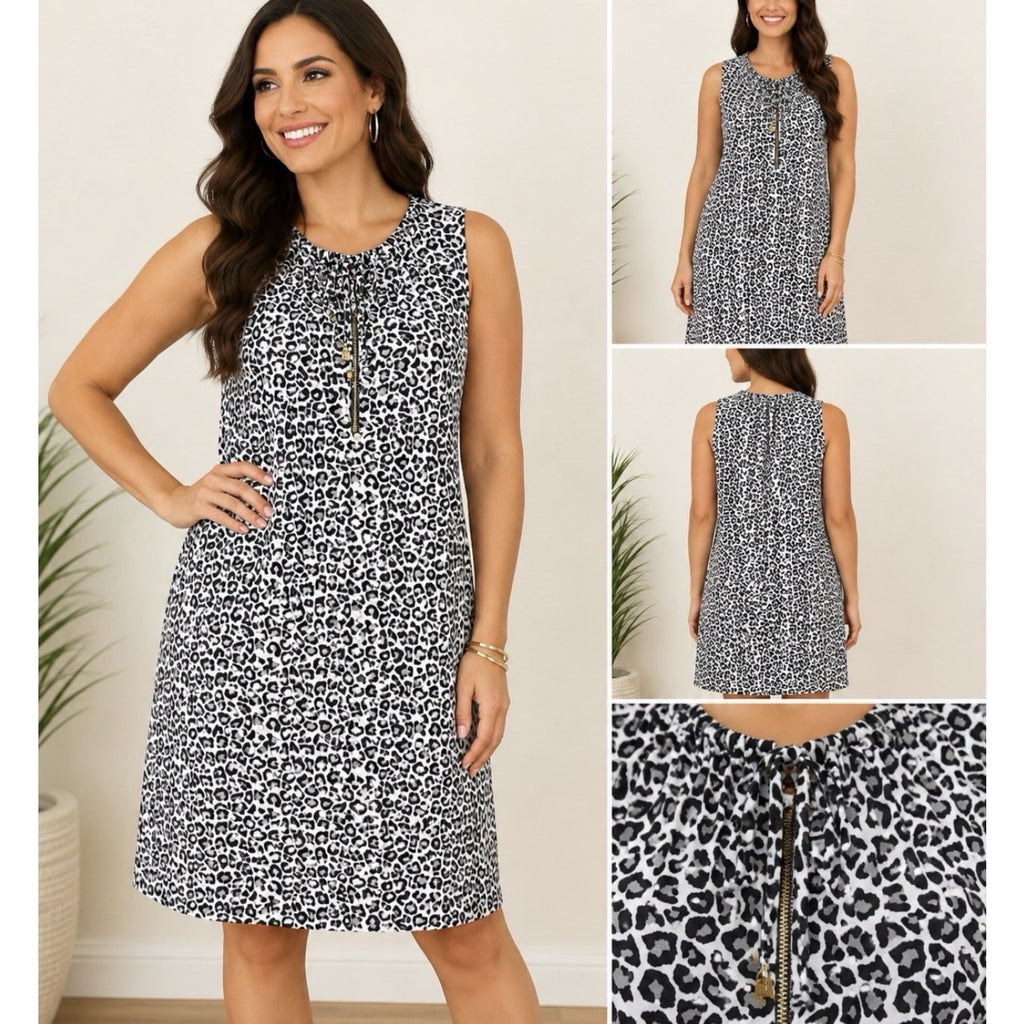 Michael Kors Leopard Print Shift Dress Sleeveless Gold Zip Neck Black White L