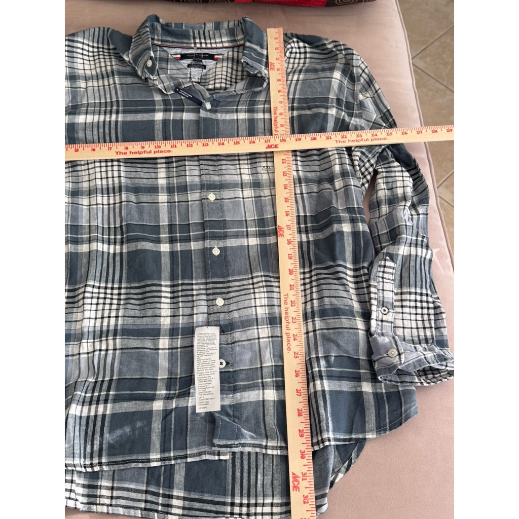 Tommy Hilfiger Linen Blend Shirt Mens XXL Blue Plaid Preppy Regular Fit New