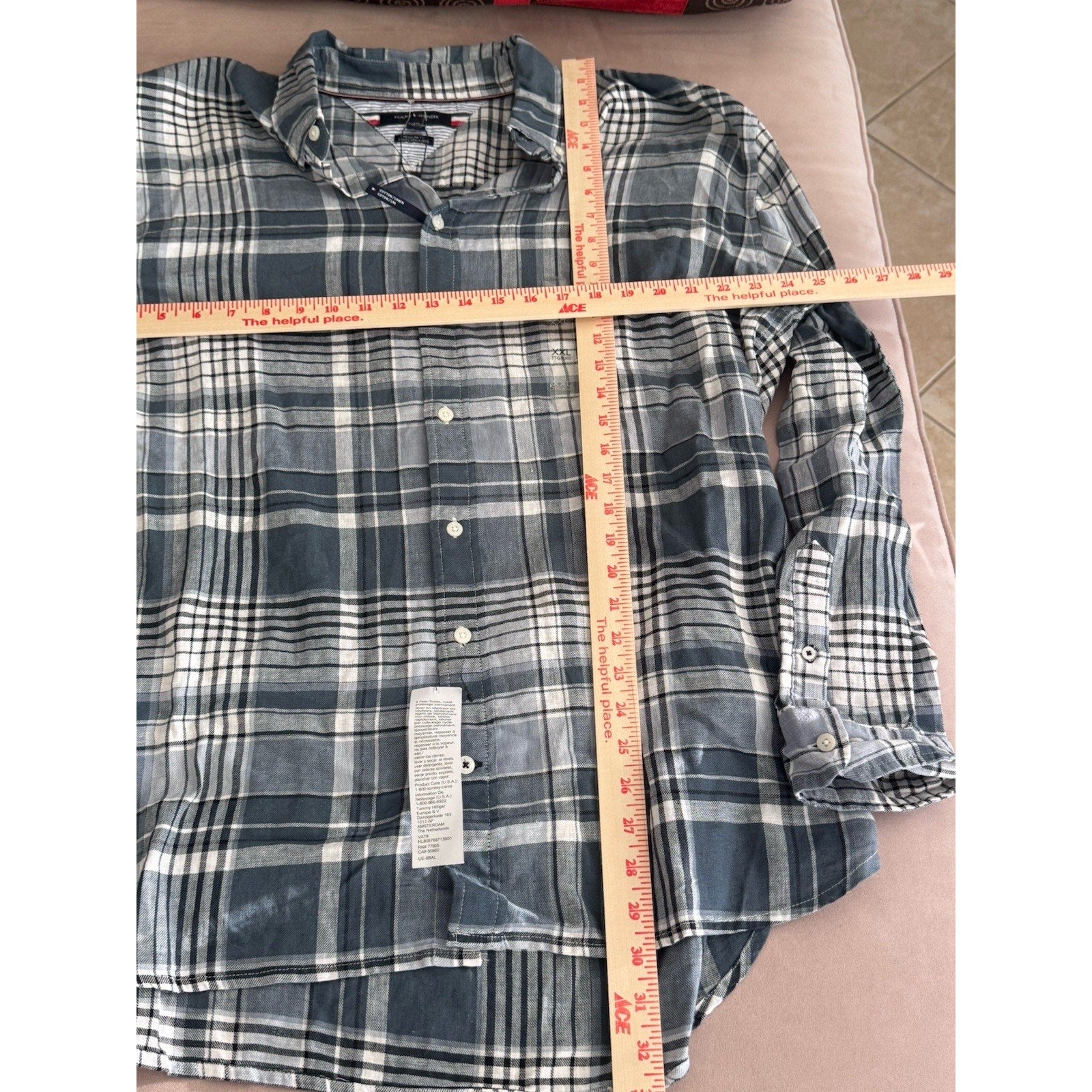 Tommy Hilfiger Linen Blend Shirt Mens XXL Blue Plaid Preppy Regular Fit New