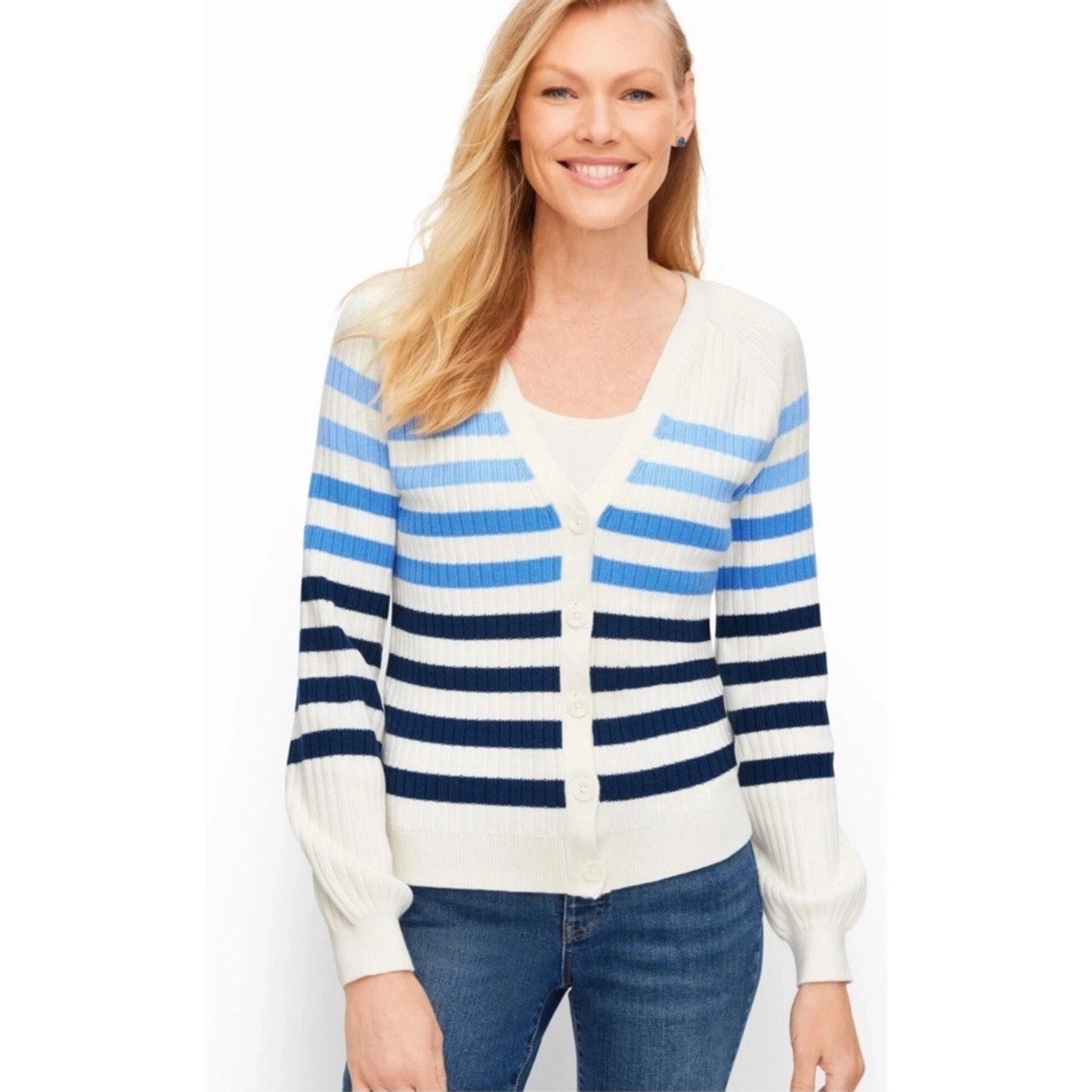 NWT TALBOTS IVORY/MULTI BLUE BRETON STRIPED V-NECK SWEATER SIZE SMALL PETITE