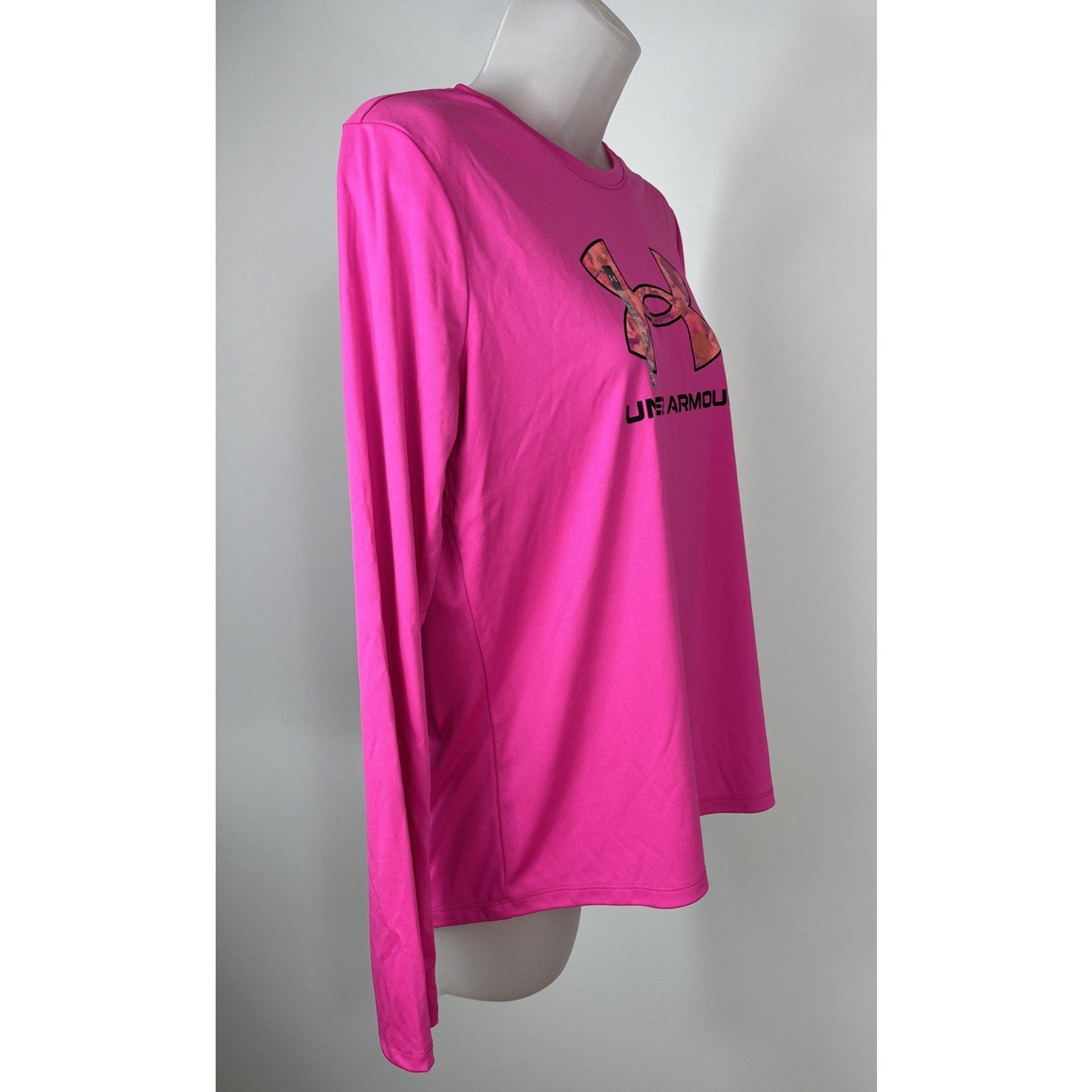 NWT Under Armour YXLG Girls Neon Pink/Black BIG LOGO L/S Shirt XLarge