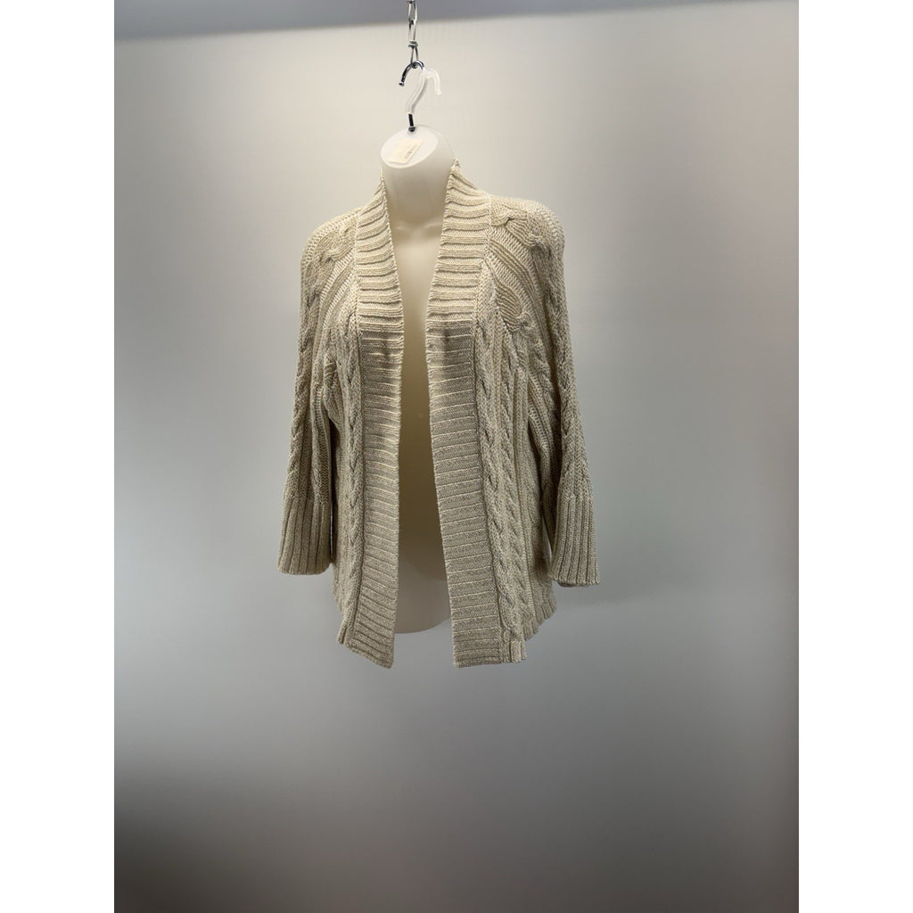 Chico's Open Front Cardigan Sweater Size 2 (L/12) Ivory w/ Metallic Gold Threads