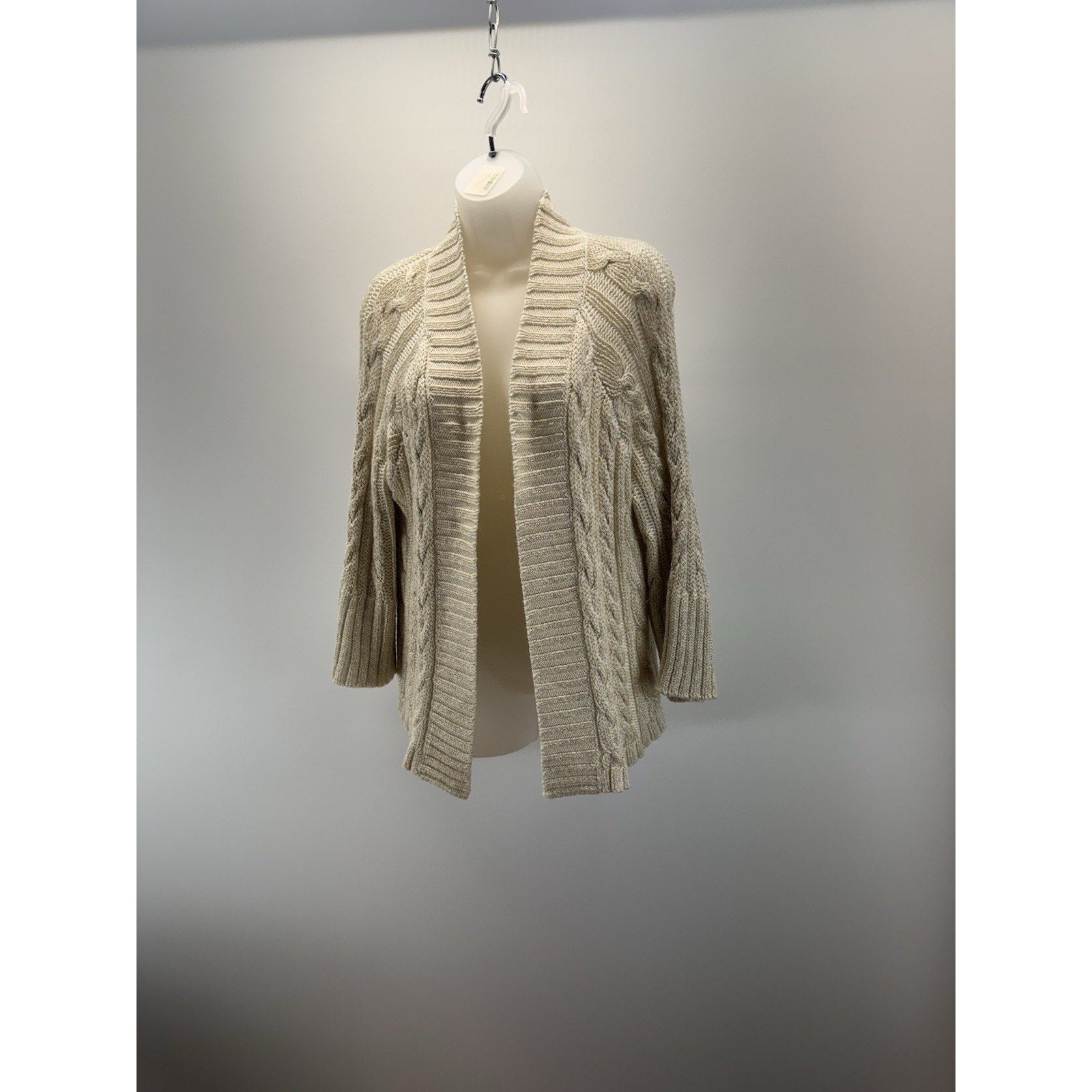 Chico's Open Front Cardigan Sweater Size 2 (L/12) Ivory w/ Metallic Gold Threads