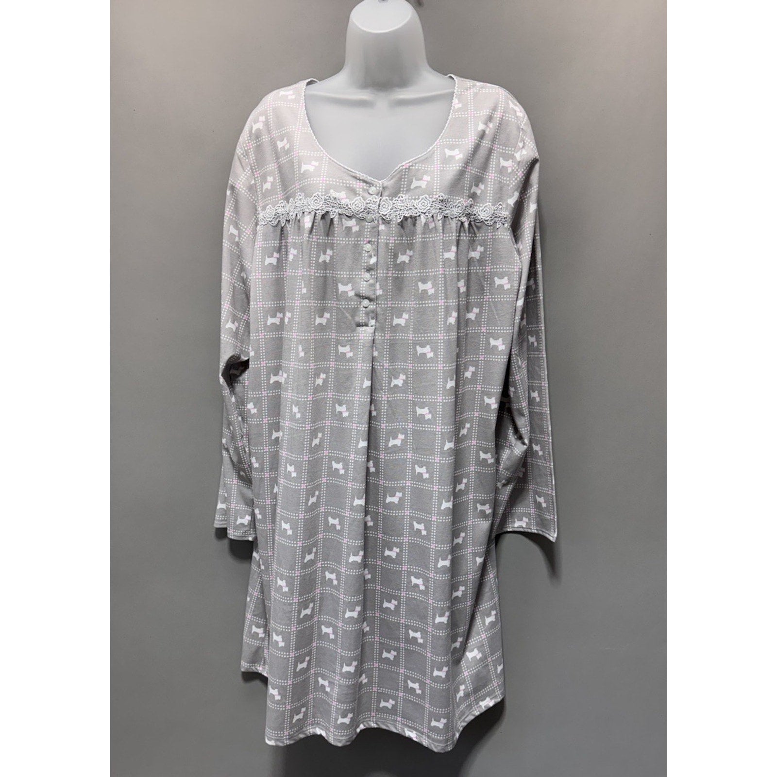 Aria Collection Nightgown Womens 3X Gray Dog Print Sleep Shirt Lace Trim Pajama