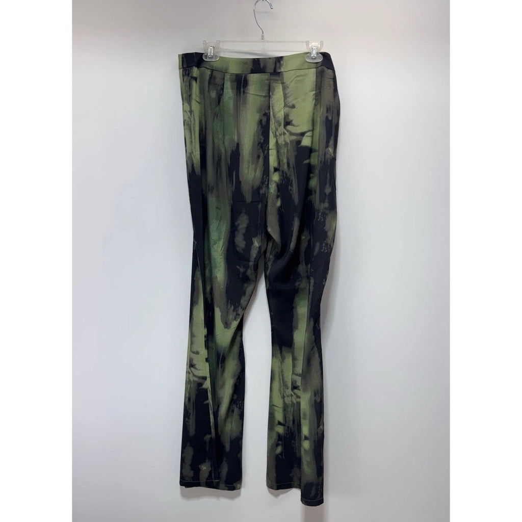 PRETTY LITTLE THING Plus Green Grunge Print Chiffon Flare Pants SIZE 12