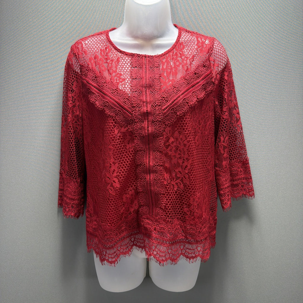 Laundry by Shelli Segal Lace Blouse Small Red 3/4 Bell Sleeve Eyelash Hem Top