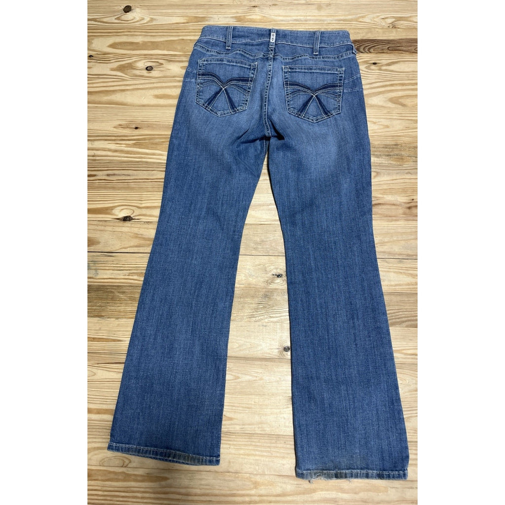 ARIAT REAL DENIM WOMENS SIZE 31 R SHORT BOOTCUT BLUE JEANS LOW RISE WHITE STITCH