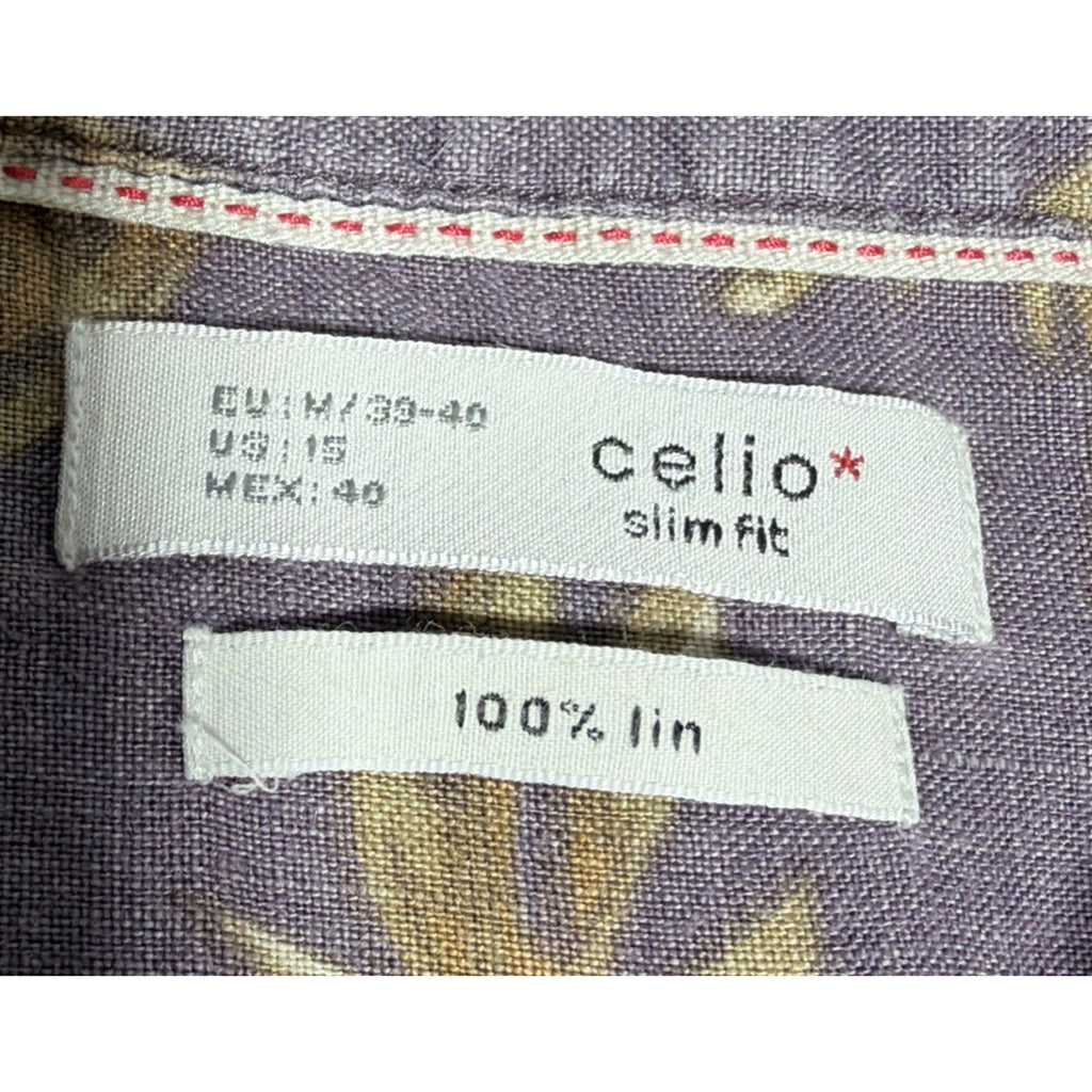 Celio 100% Linen Shirt Men Size M Floral Button Up Long Sleeve Purple Beach