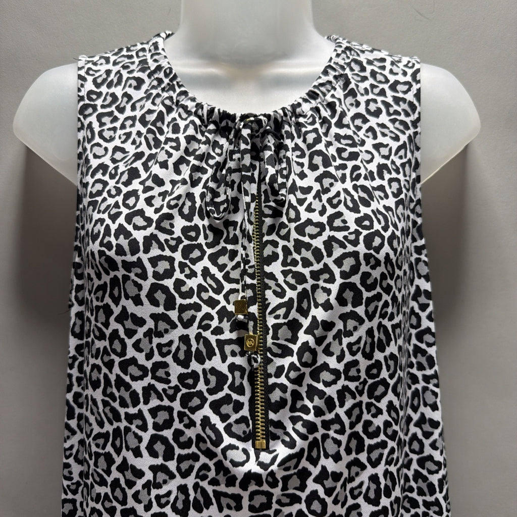 Michael Kors Leopard Print Shift Dress Sleeveless Gold Zip Neck Black White L