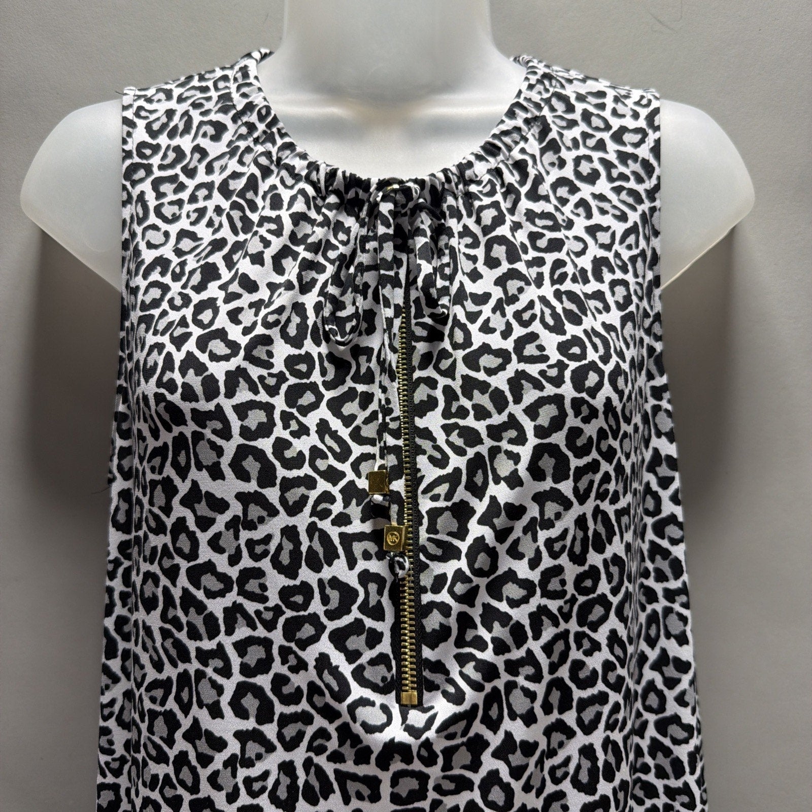 Michael Kors Leopard Print Shift Dress Sleeveless Gold Zip Neck Black White L