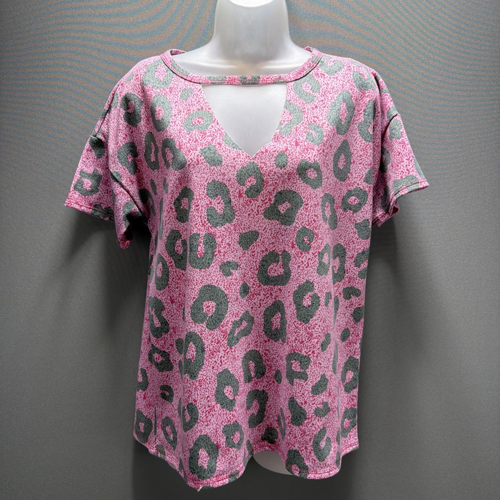 BiBi Boutique Women's Dusty Pink Leopard Short Sleeves Top Size Small Made USA