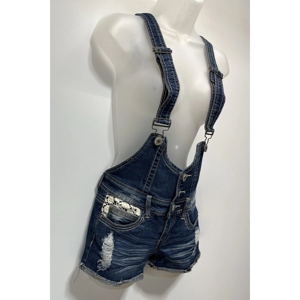 Almost Famous Denim Overall Shorts Shortall Distressed Sz. 1