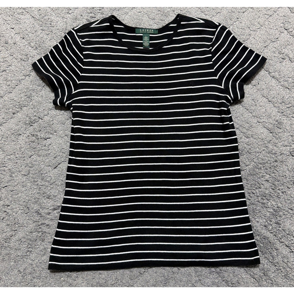 Lauren Ralph Lauren Womens L T-Shirt Black Stripe Embroidered Short Sleeve