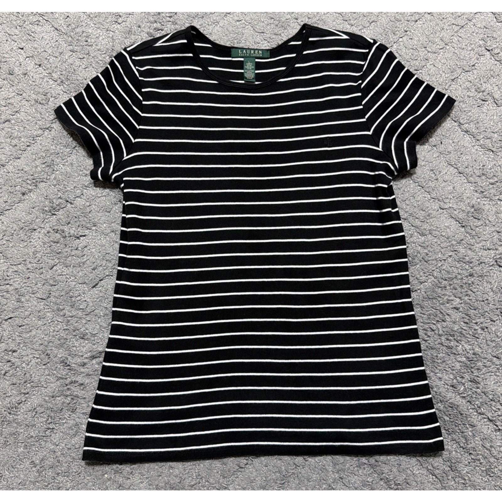 Lauren Ralph Lauren Womens L T-Shirt Black Stripe Embroidered Short Sleeve