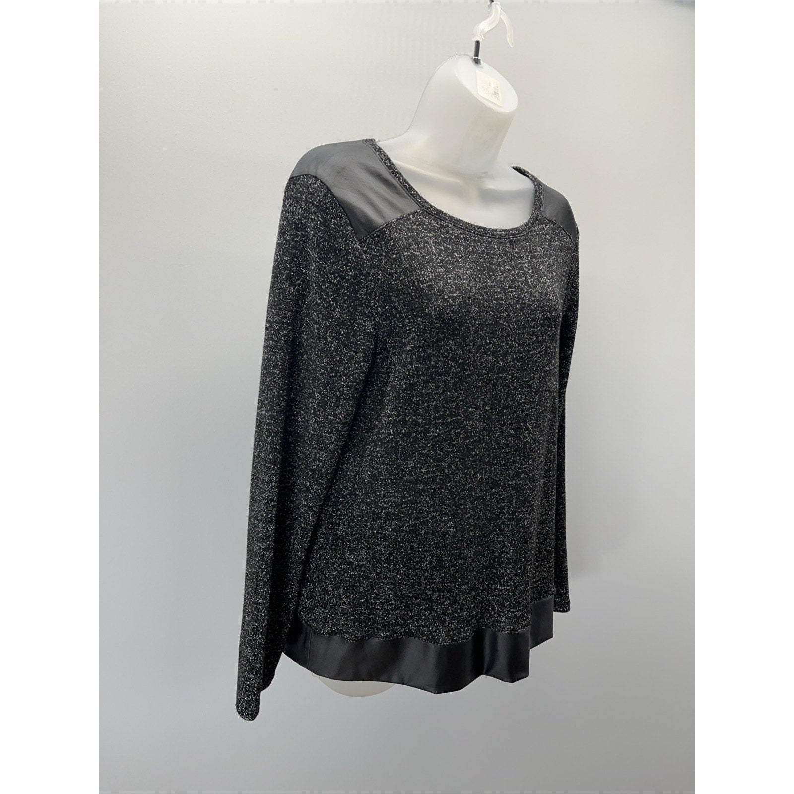 Chico's Womens Metallic Faux Leather Trim Blouse Size 1 Black Long Sleeve