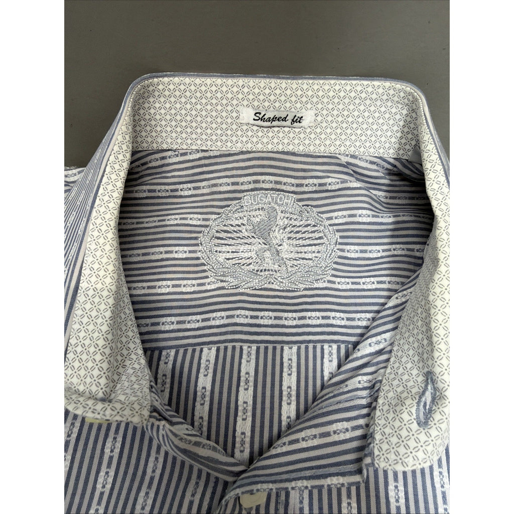 BUGATCHI Shaped Fit Large Blue Geometric Striped Flip Cuff Casual Mens