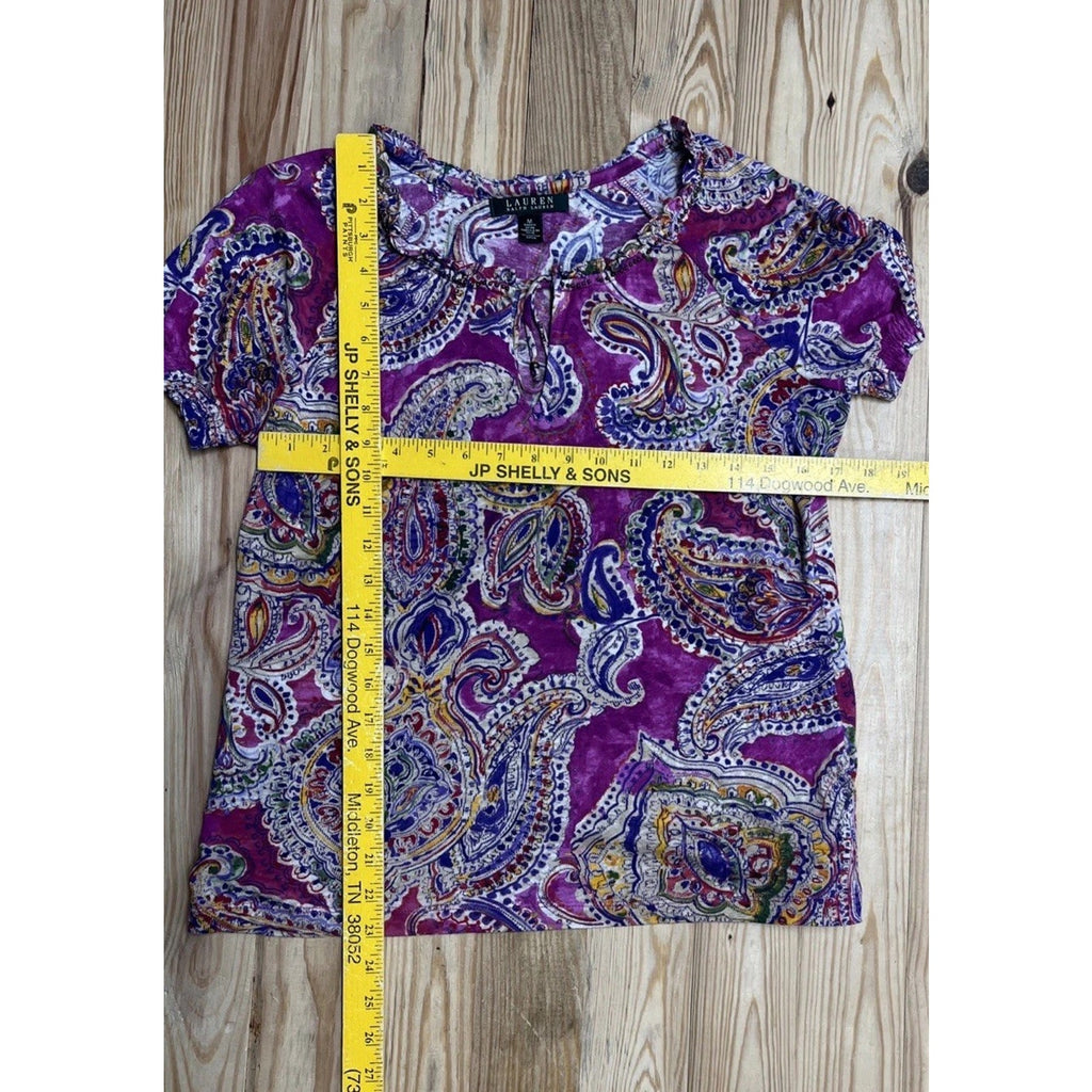 Lauren Ralph Lauren Small Top Blouse Purple Paisley Short Sleeve Tie Neck M