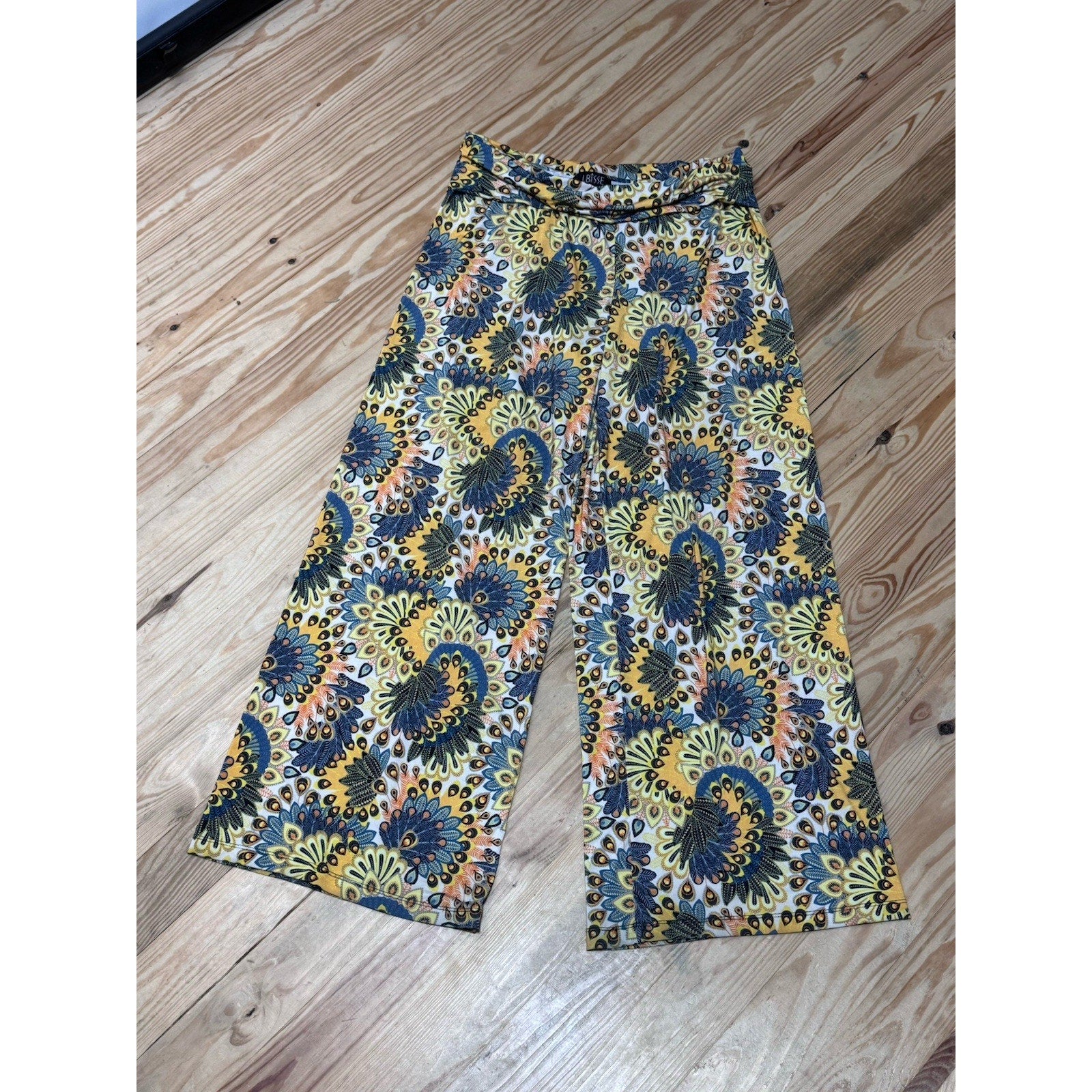 Lbisse Yellow Floral Boho Wide Leg Pants Women’s Size Large Stretch