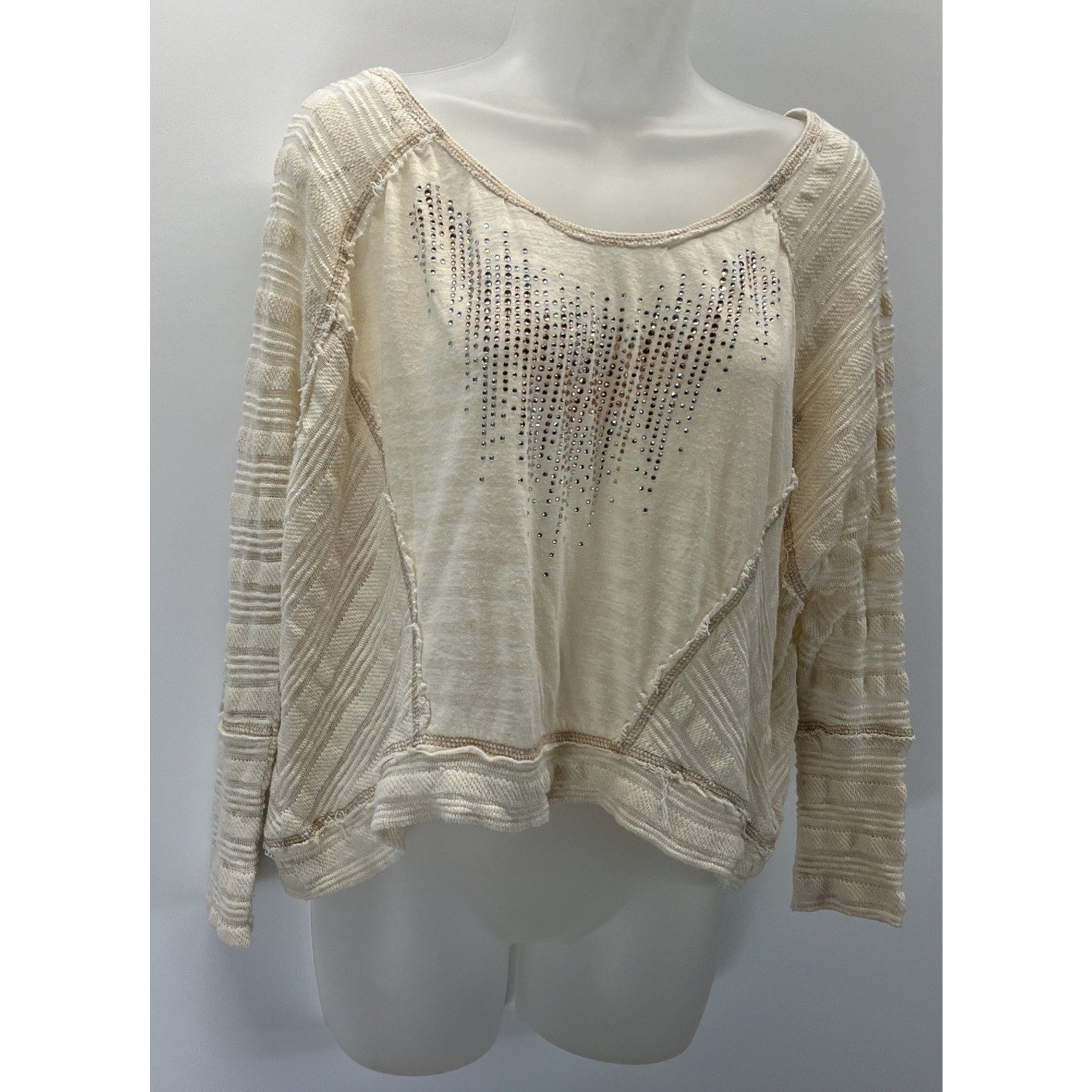 Miss Me Top Long Sleeve Ivory Ombre Studded Crop Embellished Blouse Size Small