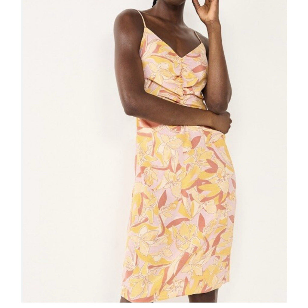 Nine West Strappy Ruched Midi Yellow Floral Summer Dress Women’s Size Medium NWT