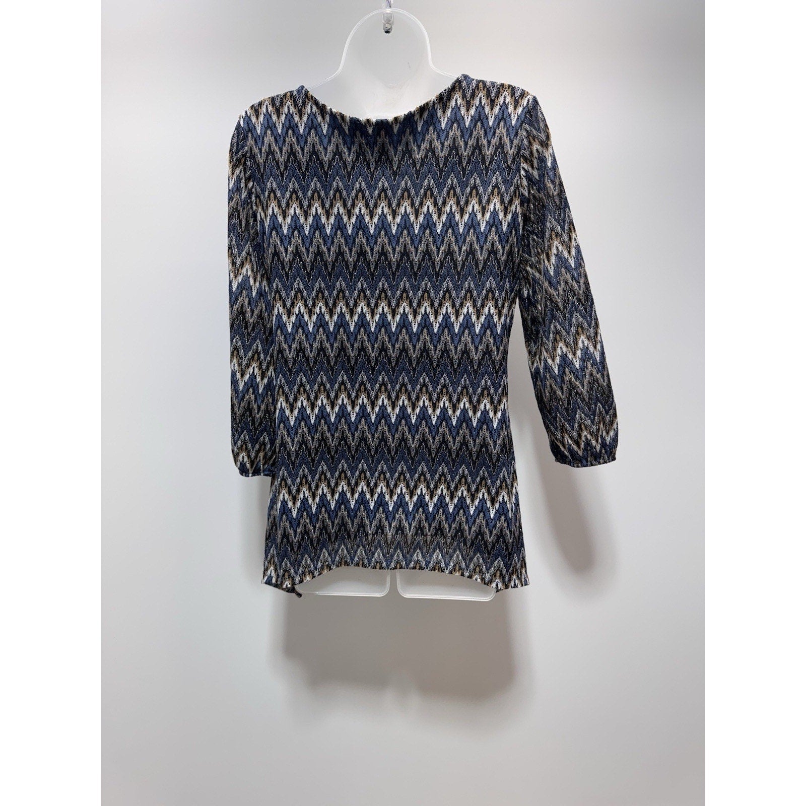 Coral Bay Blue Gold Zig Zag Print Woven Mid Sleeve Tunic Top Size Medium
